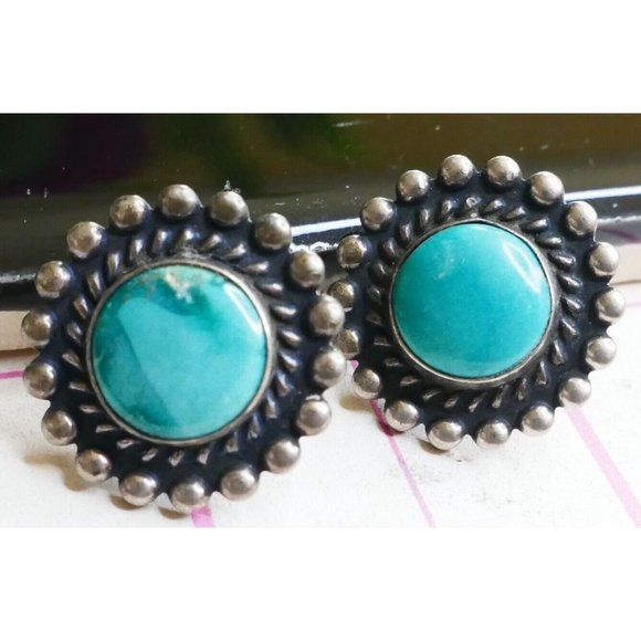 Antique Sterling Silver & Turquoise Pierced Earrings with Threaded Screw Backs - Picture 4 of 9